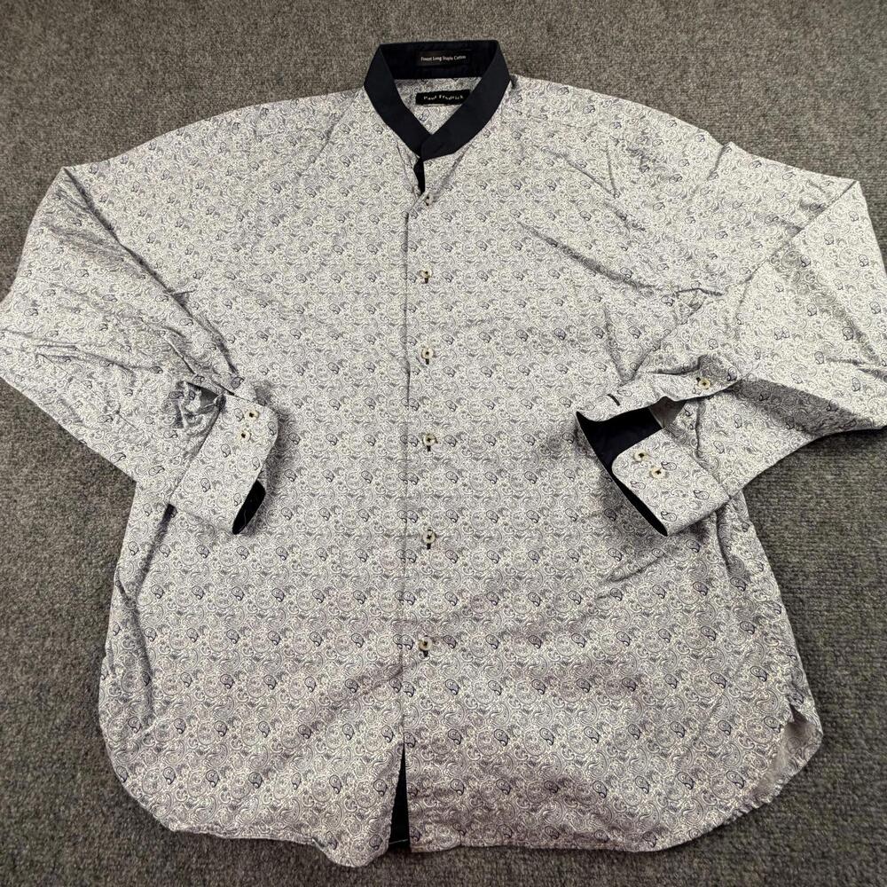 Paul Fredrick Classic Fit Dress Shirt Mens Medium Paisley Cotton White Blue 1377